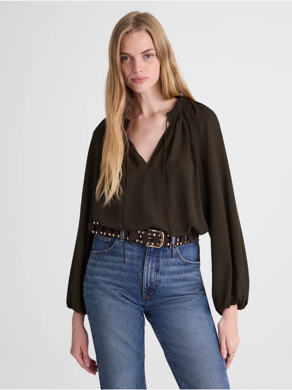 Madewell Olive Long-Sleeve Tie-Neck Top - Size Small